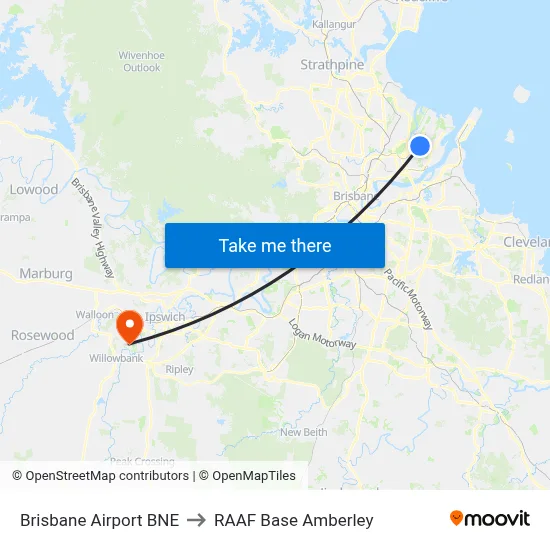 Brisbane Airport BNE to RAAF Base Amberley map