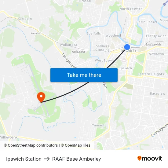 Ipswich Station to RAAF Base Amberley map