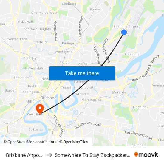 Brisbane Airport BNE to Somewhere To Stay Backpackers Brisbane map