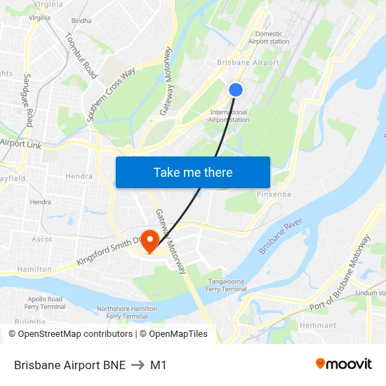 Brisbane Airport BNE to M1 map