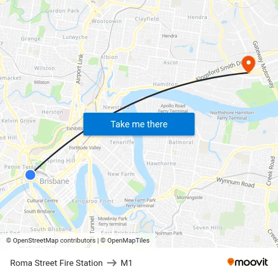 Roma Street Fire Station to M1 map