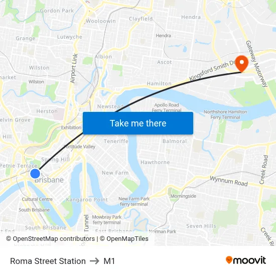 Roma Street Station to M1 map