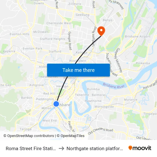 Roma Street Fire Station to Northgate station platform 1 map