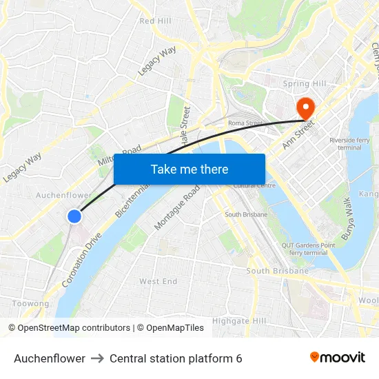 Auchenflower to Central station platform 6 map