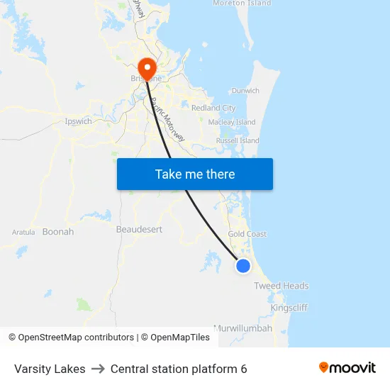 Varsity Lakes to Central station platform 6 map