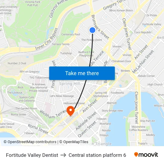 Fortitude Valley Dentist to Central station platform 6 map