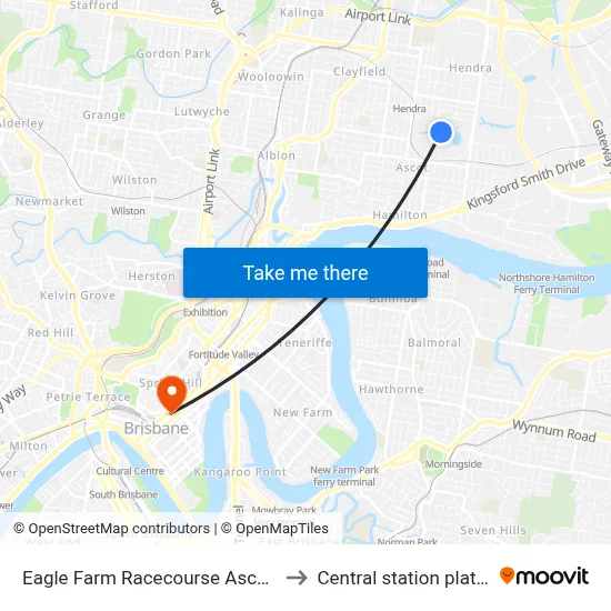 Eagle Farm Racecourse Ascot Station to Central station platform 6 map