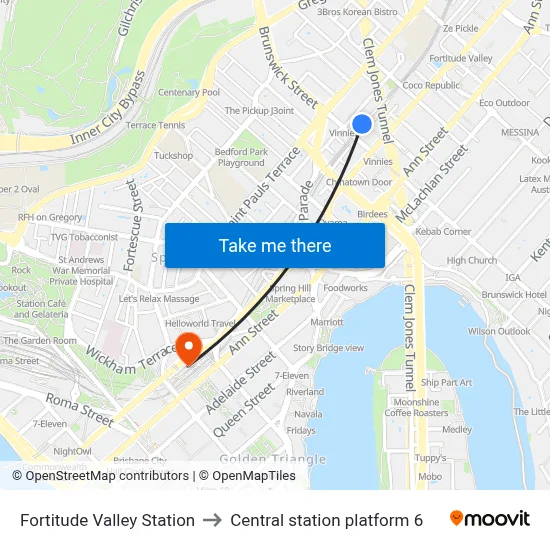 Fortitude Valley Station to Central station platform 6 map