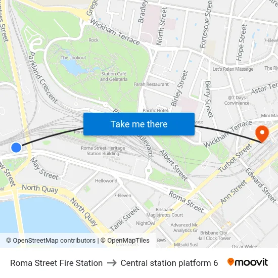 Roma Street Fire Station to Central station platform 6 map