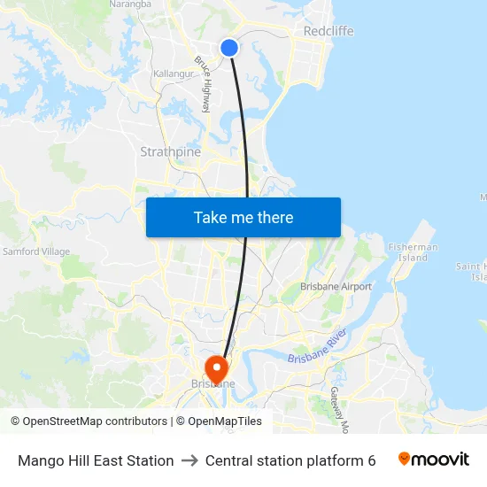 Mango Hill East Station to Central station platform 6 map