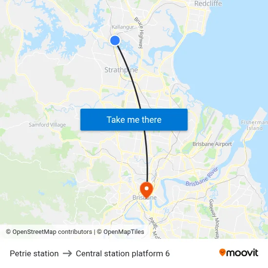 Petrie station to Central station platform 6 map