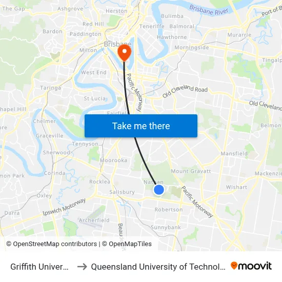 Griffith University to Queensland University of Technology map
