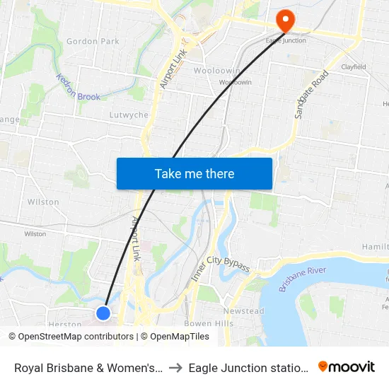 Royal Brisbane & Women's Hospital A&E to Eagle Junction station platform 2 map