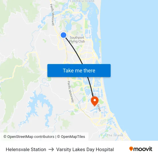 Helensvale Station to Varsity Lakes Day Hospital map