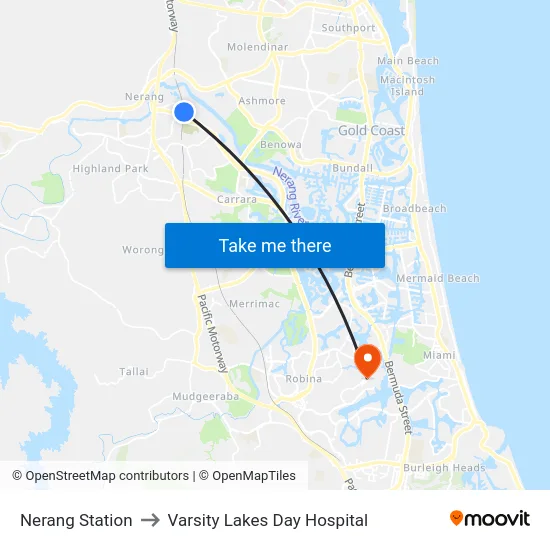 Nerang Station to Varsity Lakes Day Hospital map