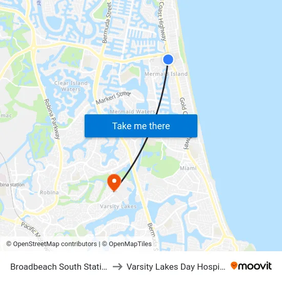 Broadbeach South Station to Varsity Lakes Day Hospital map