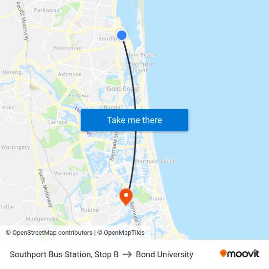 Southport Bus Station, Stop B to Bond University map