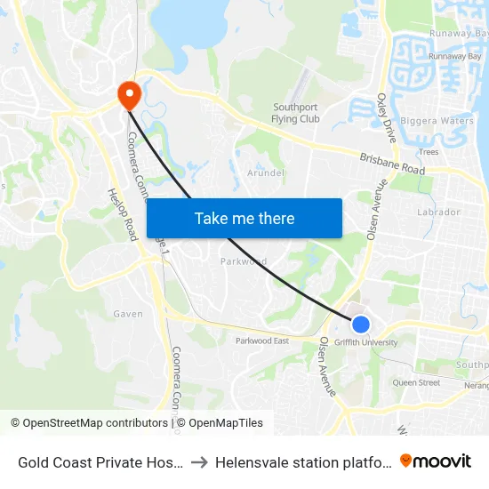 Gold Coast Private Hospital to Helensvale station platform 2 map