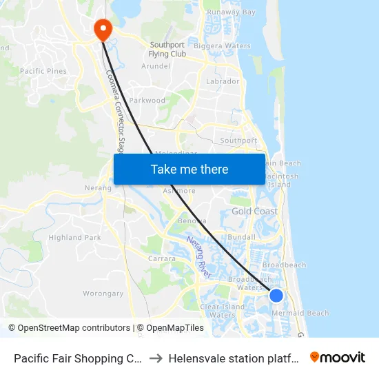 Pacific Fair Shopping Centre to Helensvale station platform 2 map