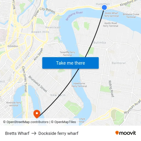 Bretts Wharf to Dockside ferry wharf map