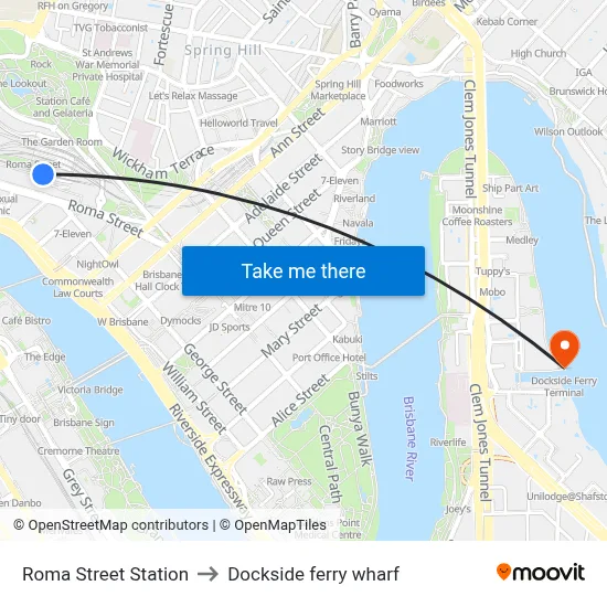 Roma Street Station to Dockside ferry wharf map