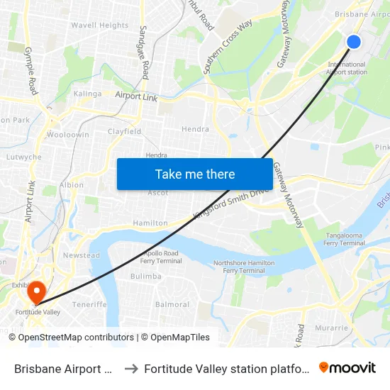 Brisbane Airport BNE to Fortitude Valley station platform 2 map