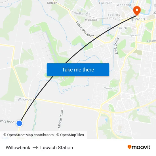 Willowbank to Ipswich Station map