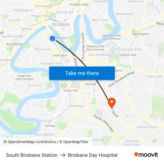 South Brisbane Station to Brisbane Day Hospital map