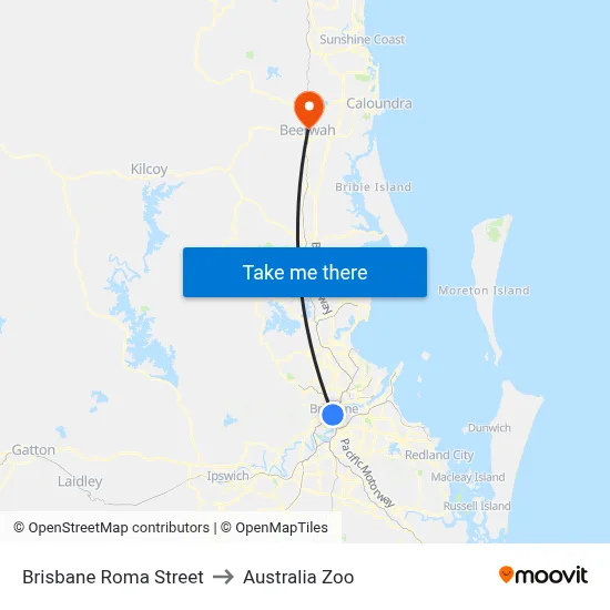 Brisbane Roma Street to Australia Zoo map