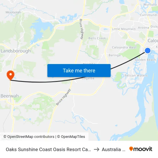 Oaks Sunshine Coast Oasis Resort Caloundra to Australia Zoo map