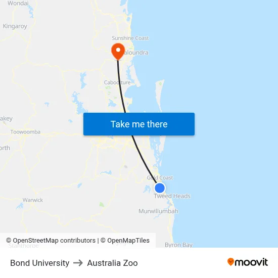 Bond University to Australia Zoo map