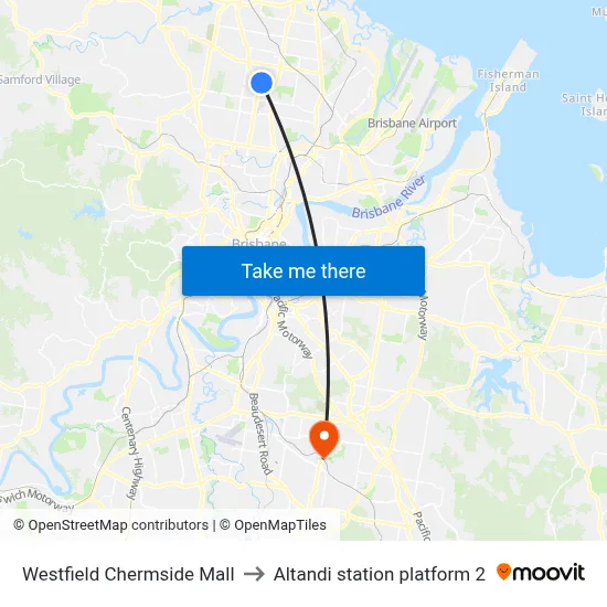 Westfield Chermside Mall to Altandi station platform 2 map