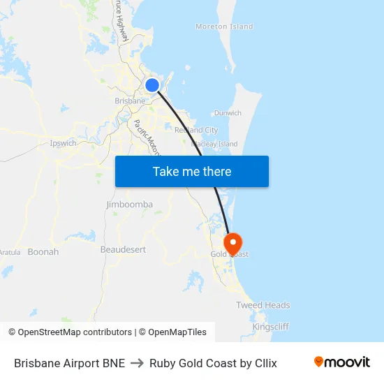 Brisbane Airport BNE to Ruby Gold Coast by Cllix map