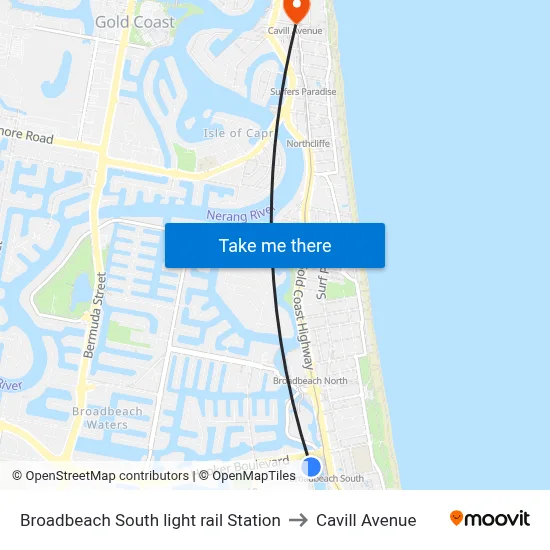Broadbeach South light rail Station to Cavill Avenue map