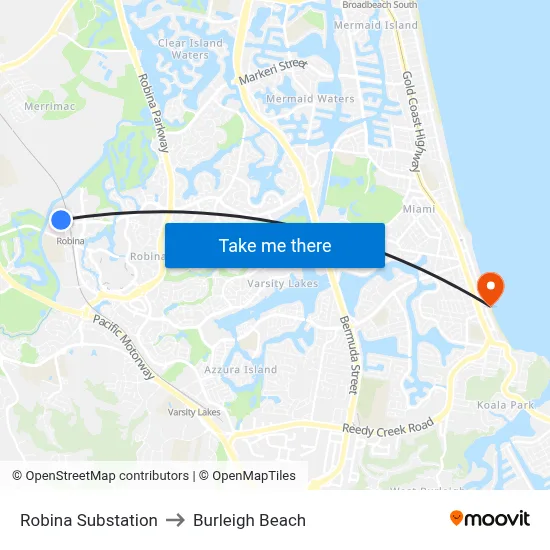 Robina Substation to Burleigh Beach map