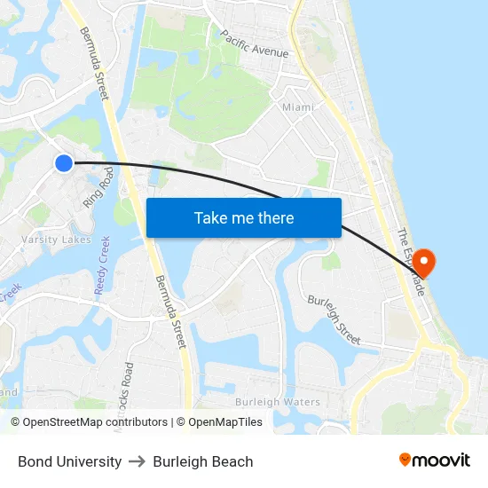 Bond University to Burleigh Beach map