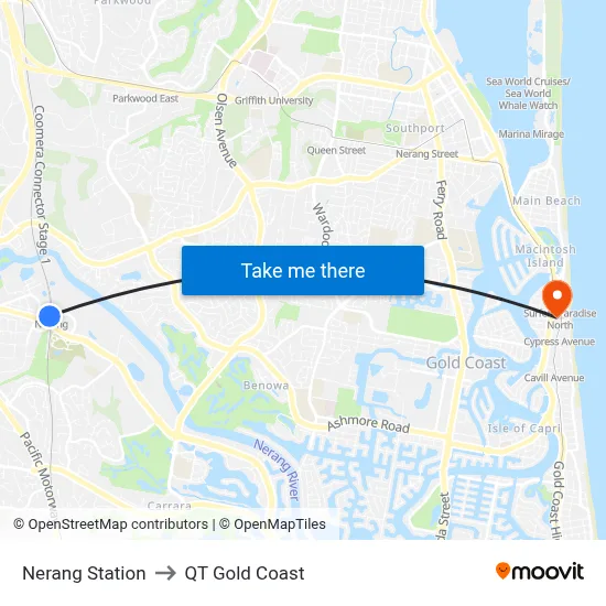 Nerang Station to QT Gold Coast map