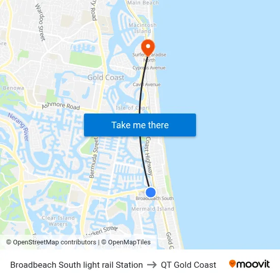 Broadbeach South light rail Station to QT Gold Coast map