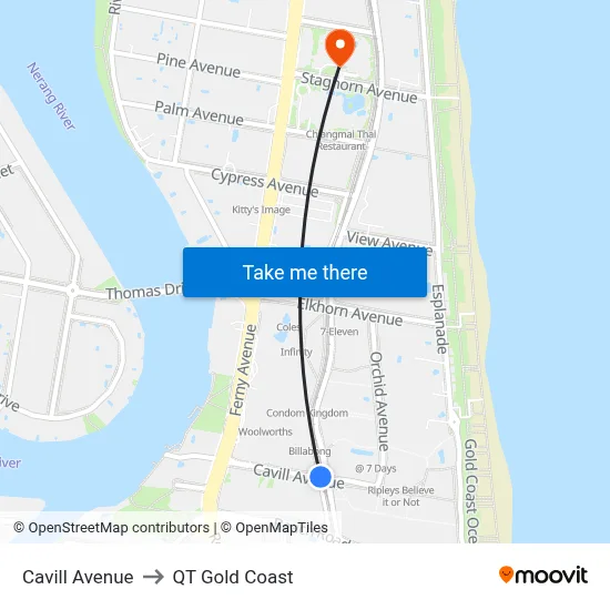 Cavill Avenue to QT Gold Coast map