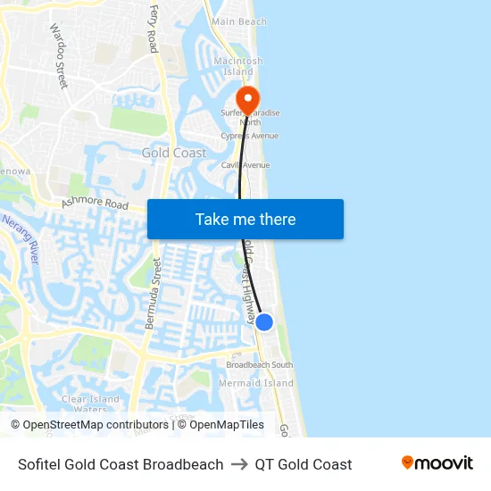 Sofitel Gold Coast Broadbeach to QT Gold Coast map