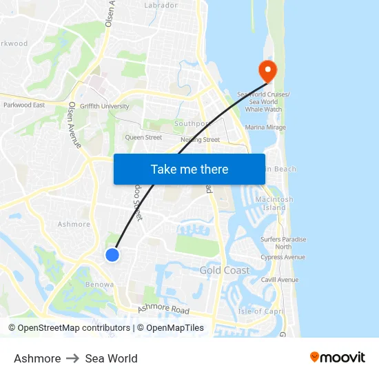 Ashmore to Sea World map