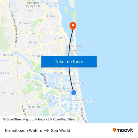 Broadbeach Waters to Sea World map