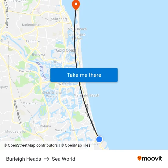 Burleigh Heads to Sea World map