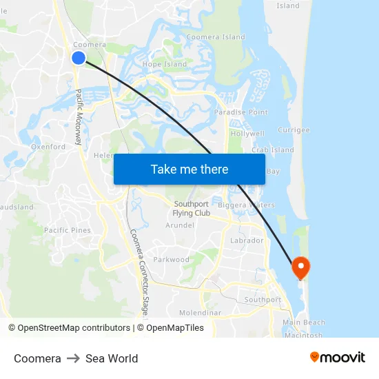 Coomera to Sea World map
