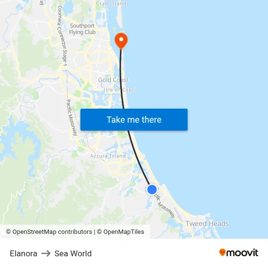 Elanora to Sea World map