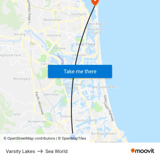 Varsity Lakes to Sea World map