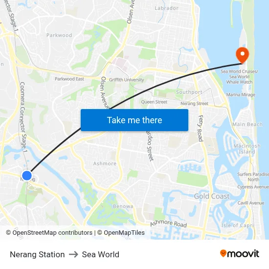 Nerang Station to Sea World map