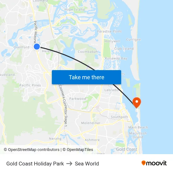 Gold Coast Holiday Park to Sea World map
