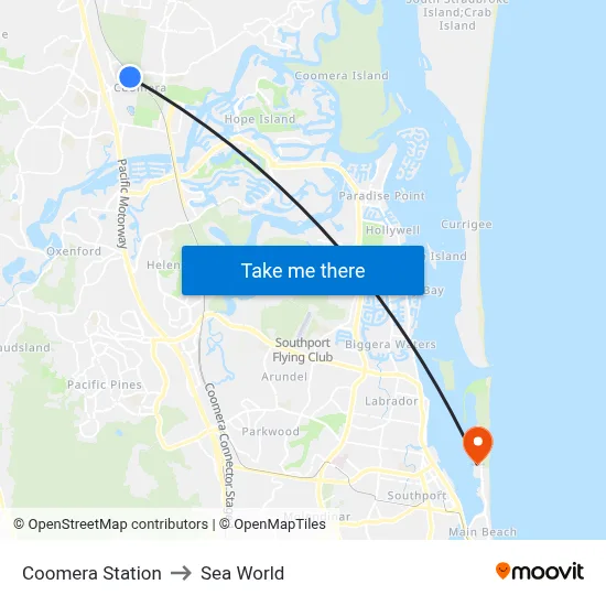 Coomera Station to Sea World map