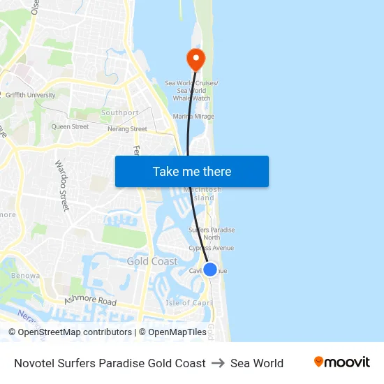Novotel Surfers Paradise Gold Coast to Sea World map